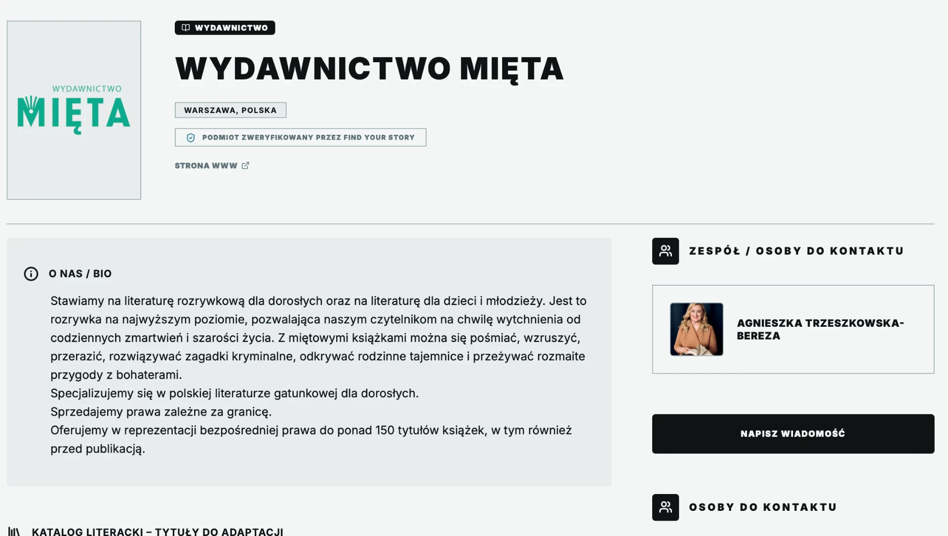 Wizytówka Wydawnictwa Mięta w aplikacji Find Your Story