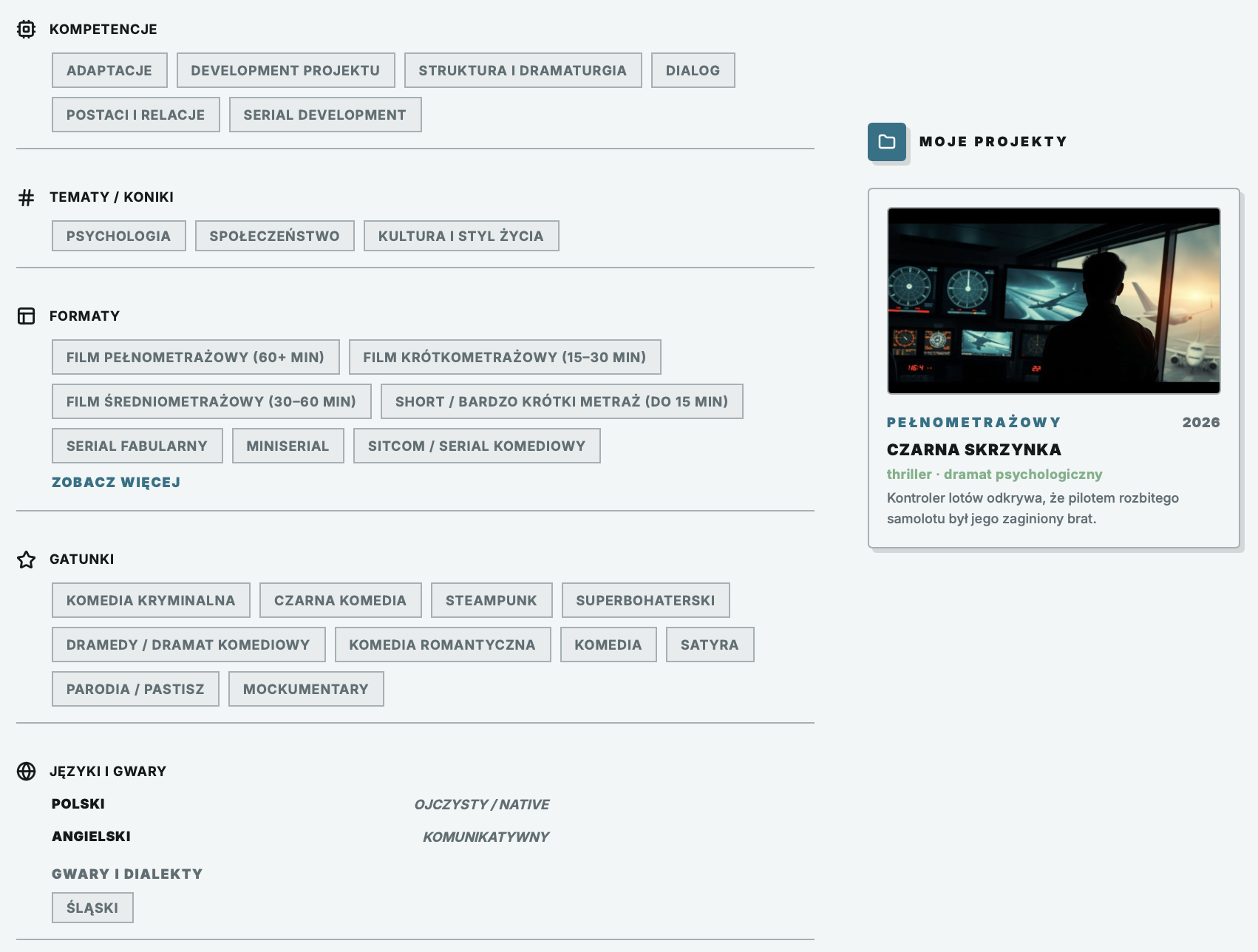 Kompetencje, tematy, formaty i gatunki w profilu Scenariusz w aplikacji Find Your Story