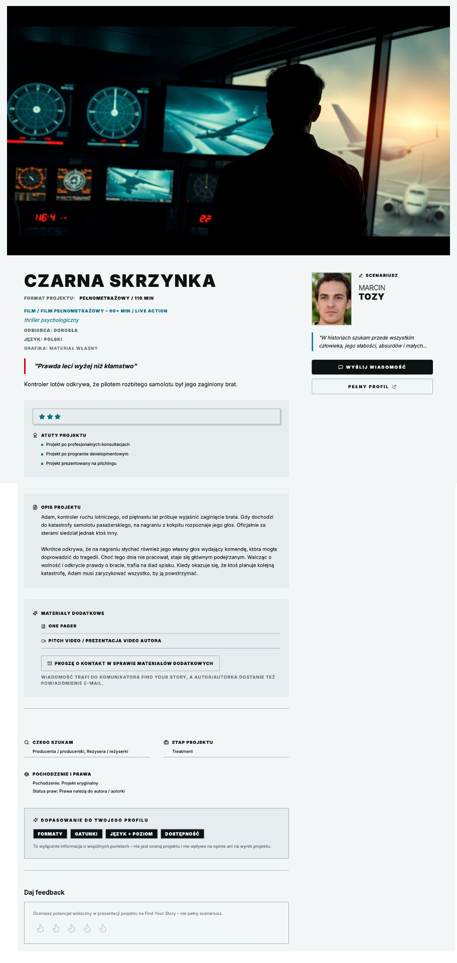 Pełna wizytówka projektu Czarna skrzynka w aplikacji Find Your Story