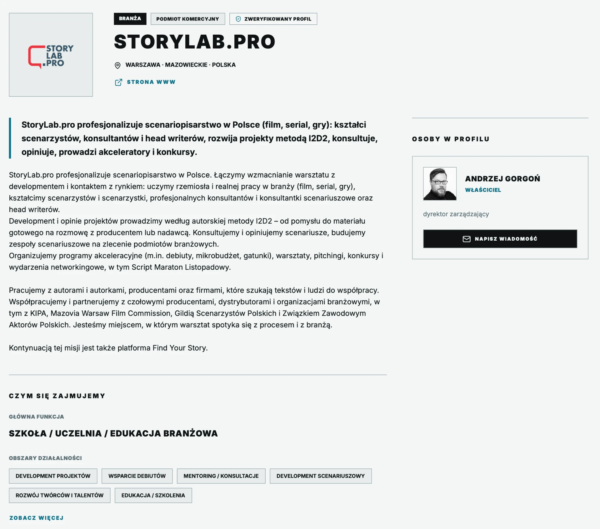 Wizytówka StoryLab.pro w profilu Branża w aplikacji Find Your Story