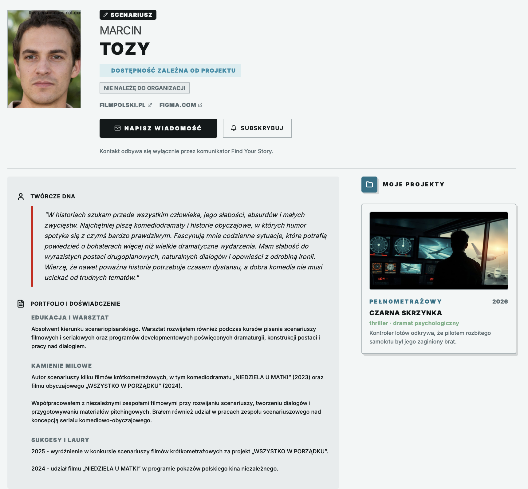 Wizytówka scenarzysty z portfolio i projektami w aplikacji Find Your Story